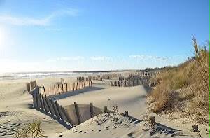 Sanddünen und Holzzäune am Strand von Piémanson in Saintes-Maries-de-la-Mer unter blauem Himmel