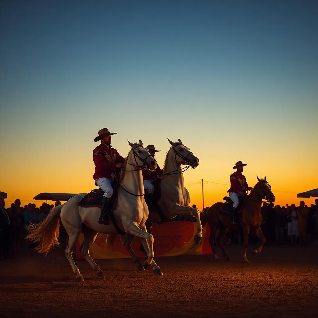 Spectacle équestre Camarkas avec chevaux blancs de Camargue au coucher du soleil