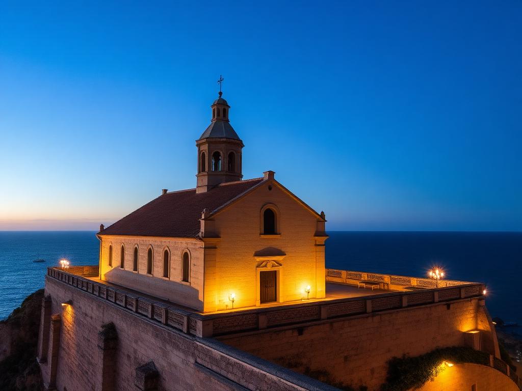 Église fortifiée Notre-Dame-de-la-Mer aux Saintes-Maries-de-la-Mer à l'heure bleue, éclairée et dominant la Méditerranée
