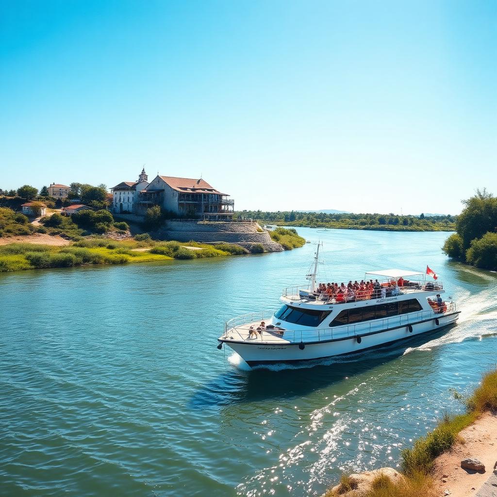 Bateau de croisière Tiki III sur le Petit Rhône en Camargue avec berges verdoyantes