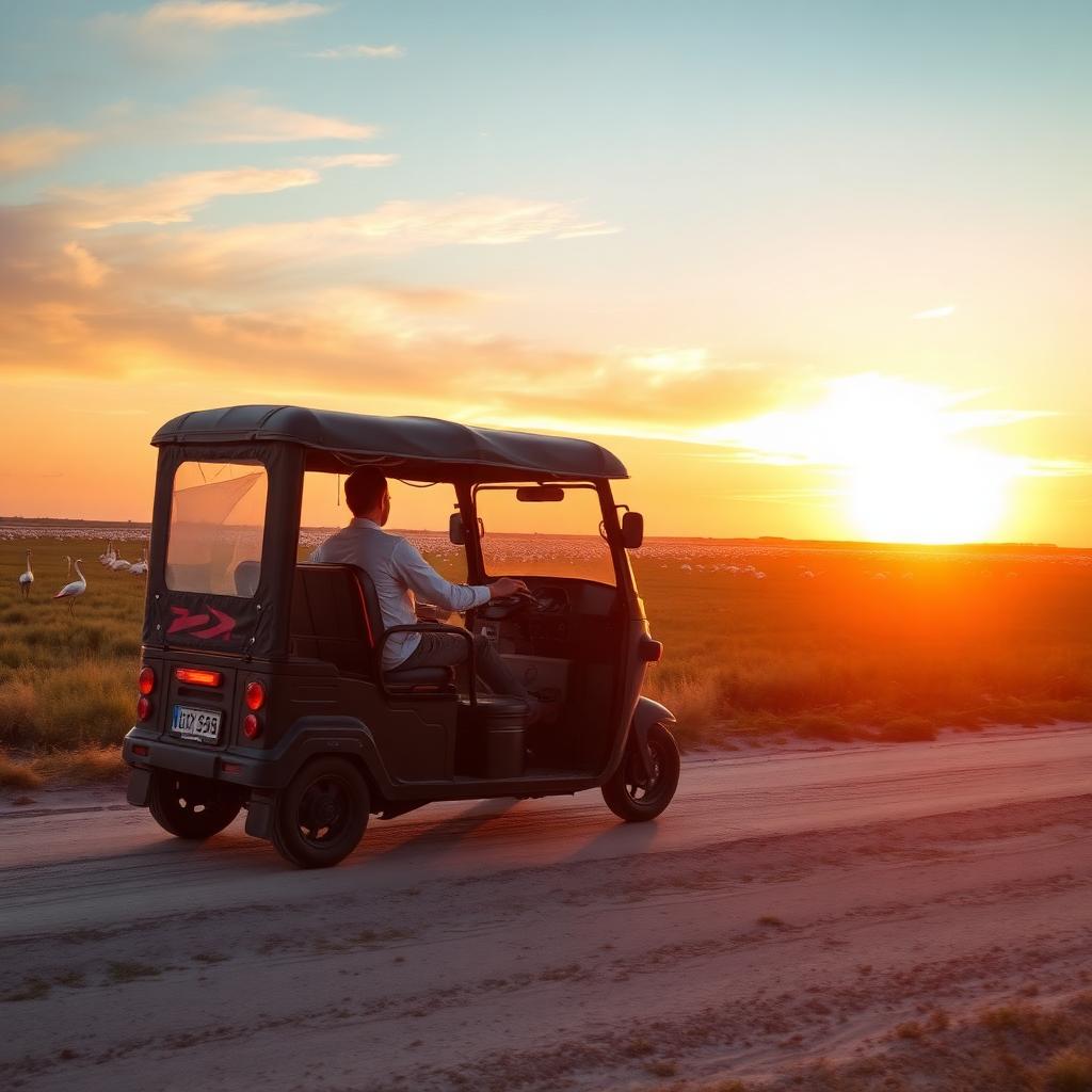 Tuk-tuk électrique en Camargue au coucher du soleil avec flamants roses en arrière-plan
